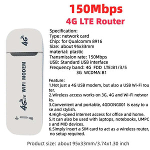 4G LTE USB Modem Dongle – 150Mbps Wireless WiFi Mobile Router for Home & Office