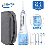 Oral Irrigator USB Rechargeable Portable Dental Water Floss 5 Modes 300ml Irrigator Dental Teeth Cleaner + 5 Jet Tip & Bag - Techngeek