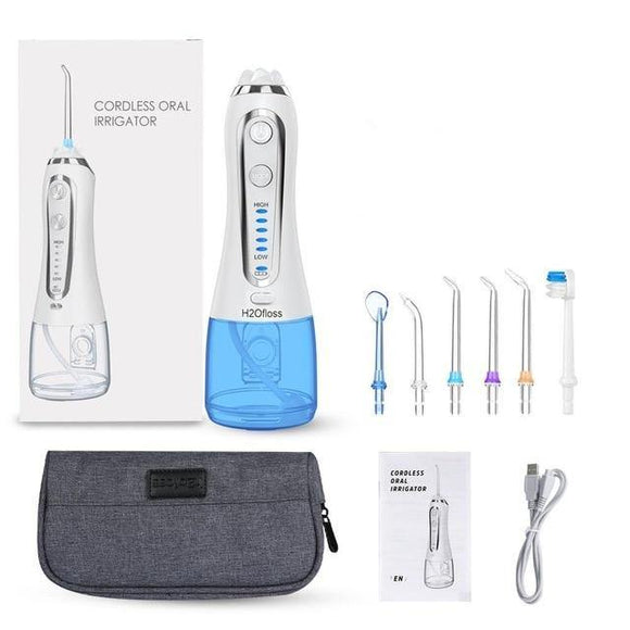 Oral Irrigator USB Rechargeable Portable Dental Water Floss 5 Modes 300ml Irrigator Dental Teeth Cleaner + 5 Jet Tip & Bag - Techngeek